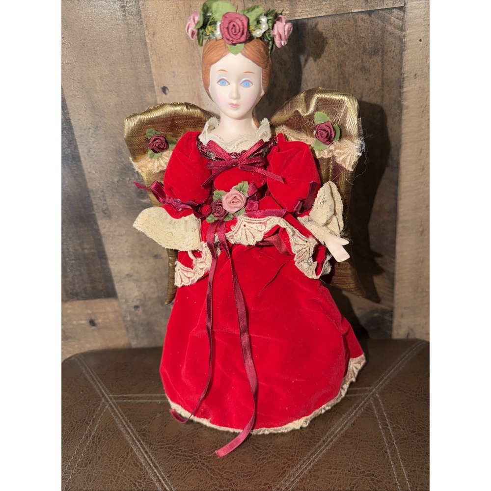 Vintage 1990 Kurt Adler Porcelain Angel Tree‎ Topper 12" Red Velvet Lace Dress